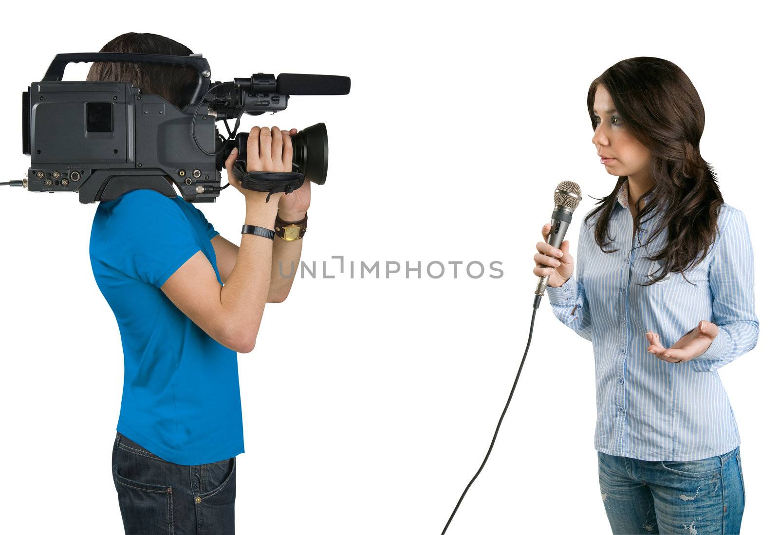 TV reporter presenting the news in studio, isolated on white background