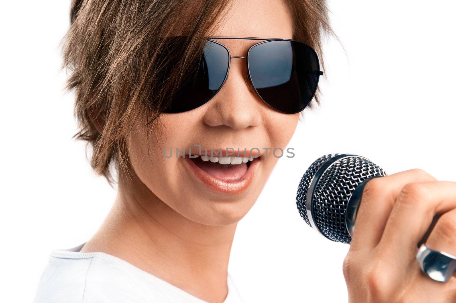 Girl Singing on white background 