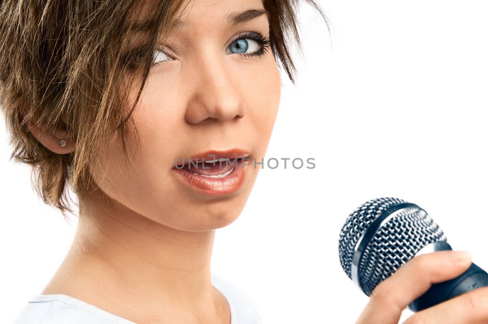 Girl Singing on white background 