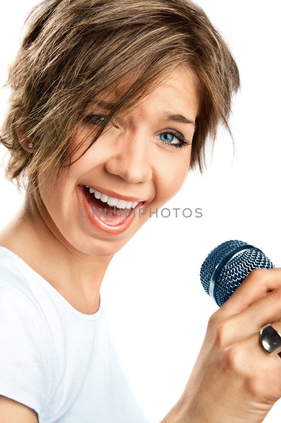 Girl Singing on white background 