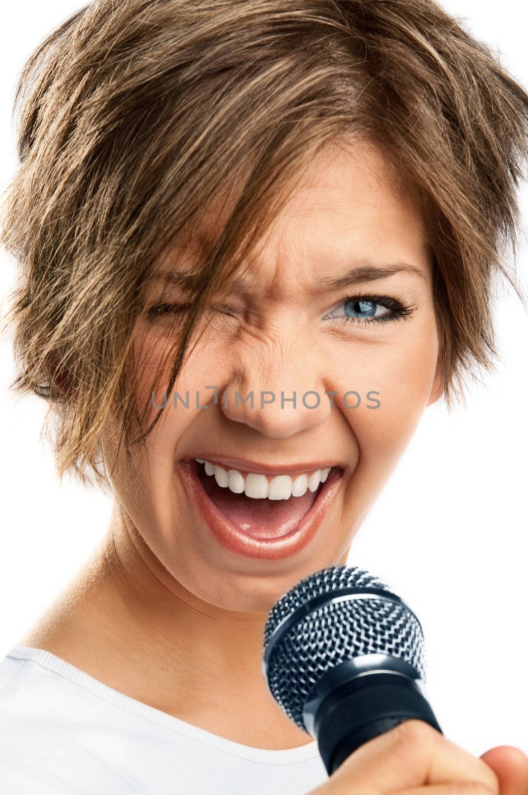 Girl Singing on white background 