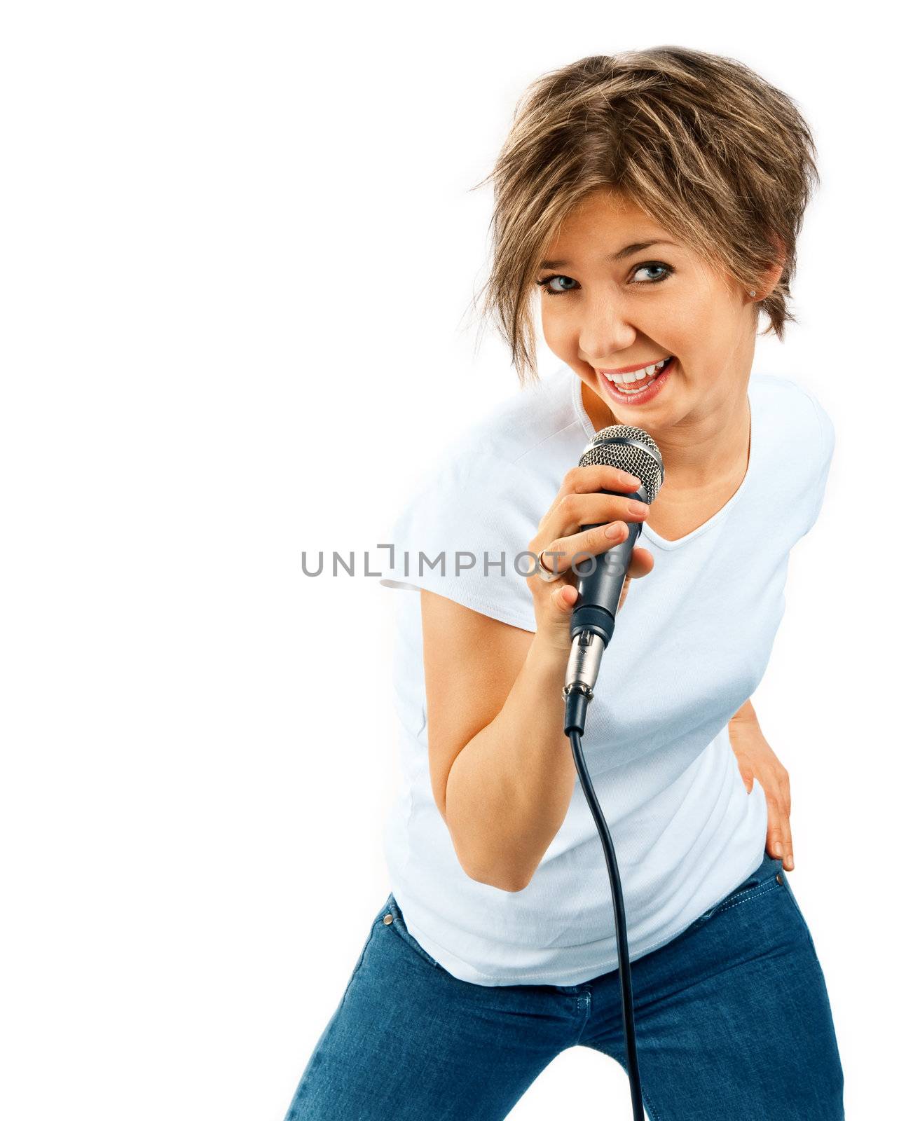 Girl Singing on white background 
