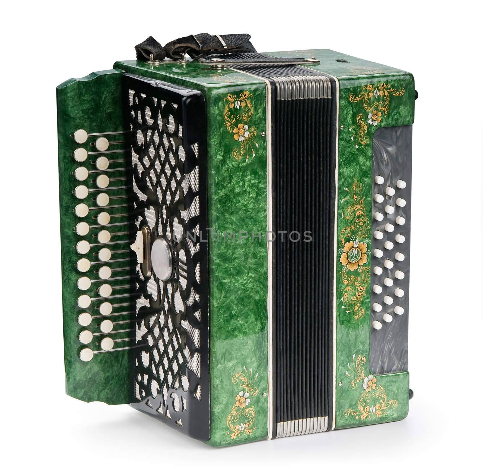 Green Accordion, isolated on white background