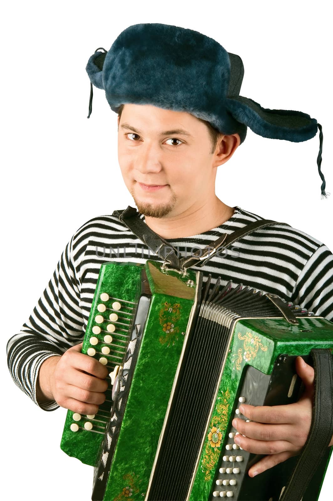 Russian man with accordion, isolated on white background