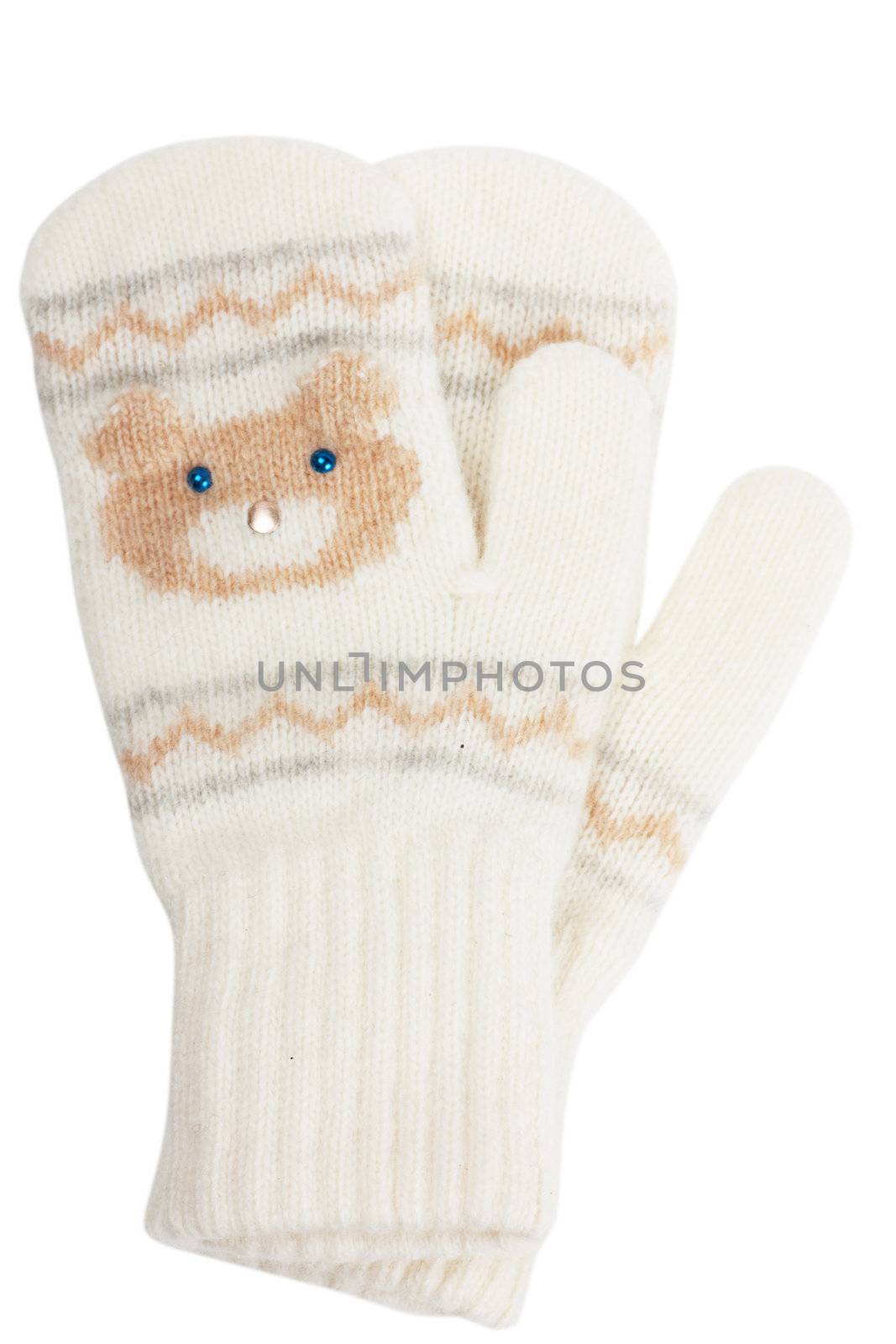Little baby mittens on white background