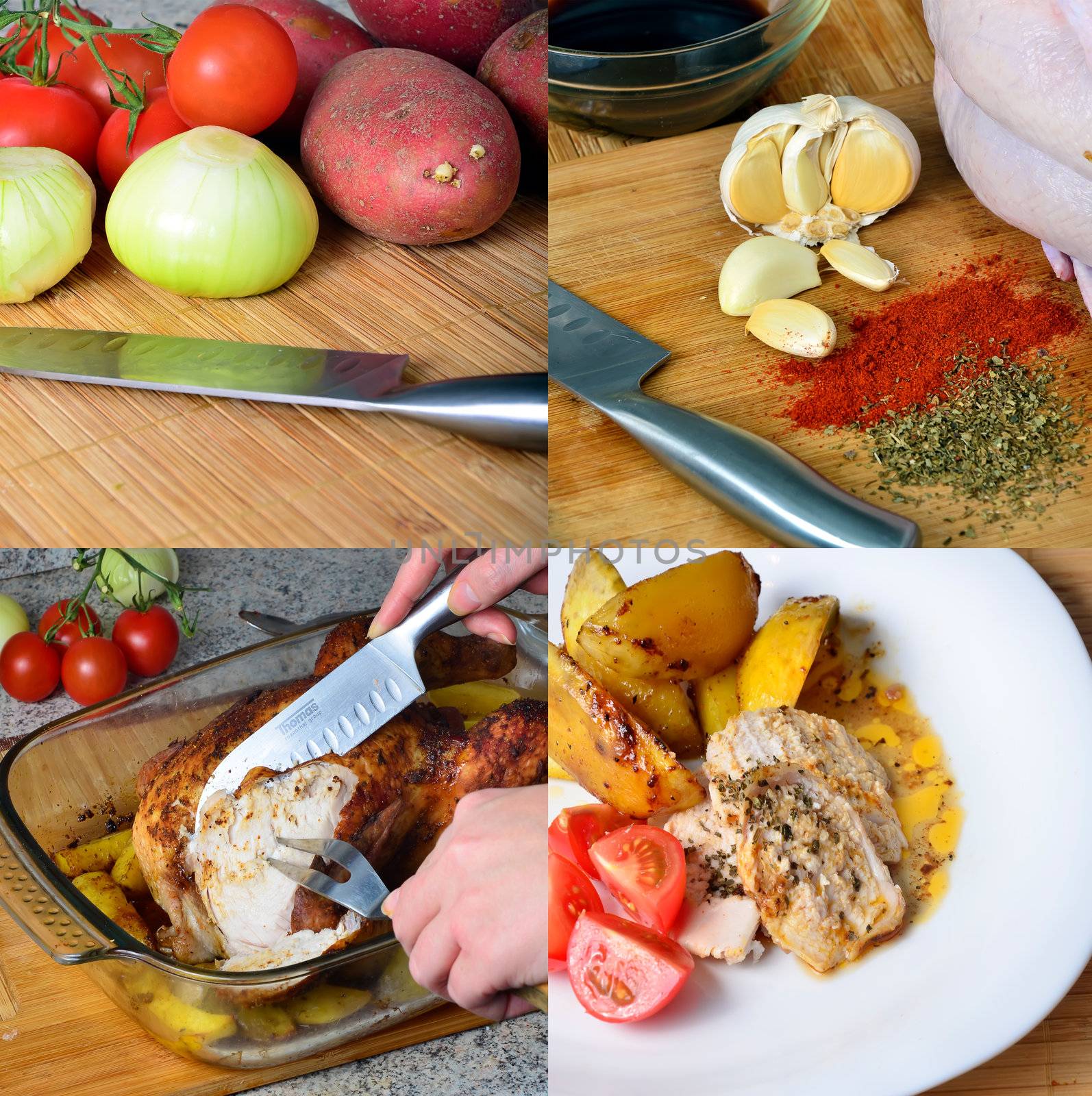 preparation of baked chicken with potatoes, collage of 4