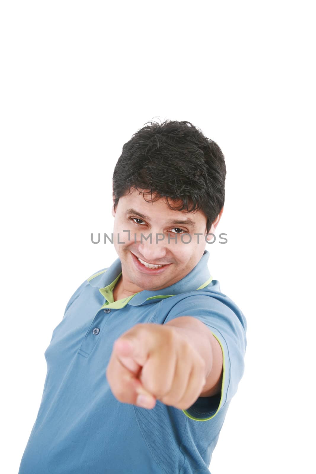 Isolated hispanic businessman pointing towards the camera