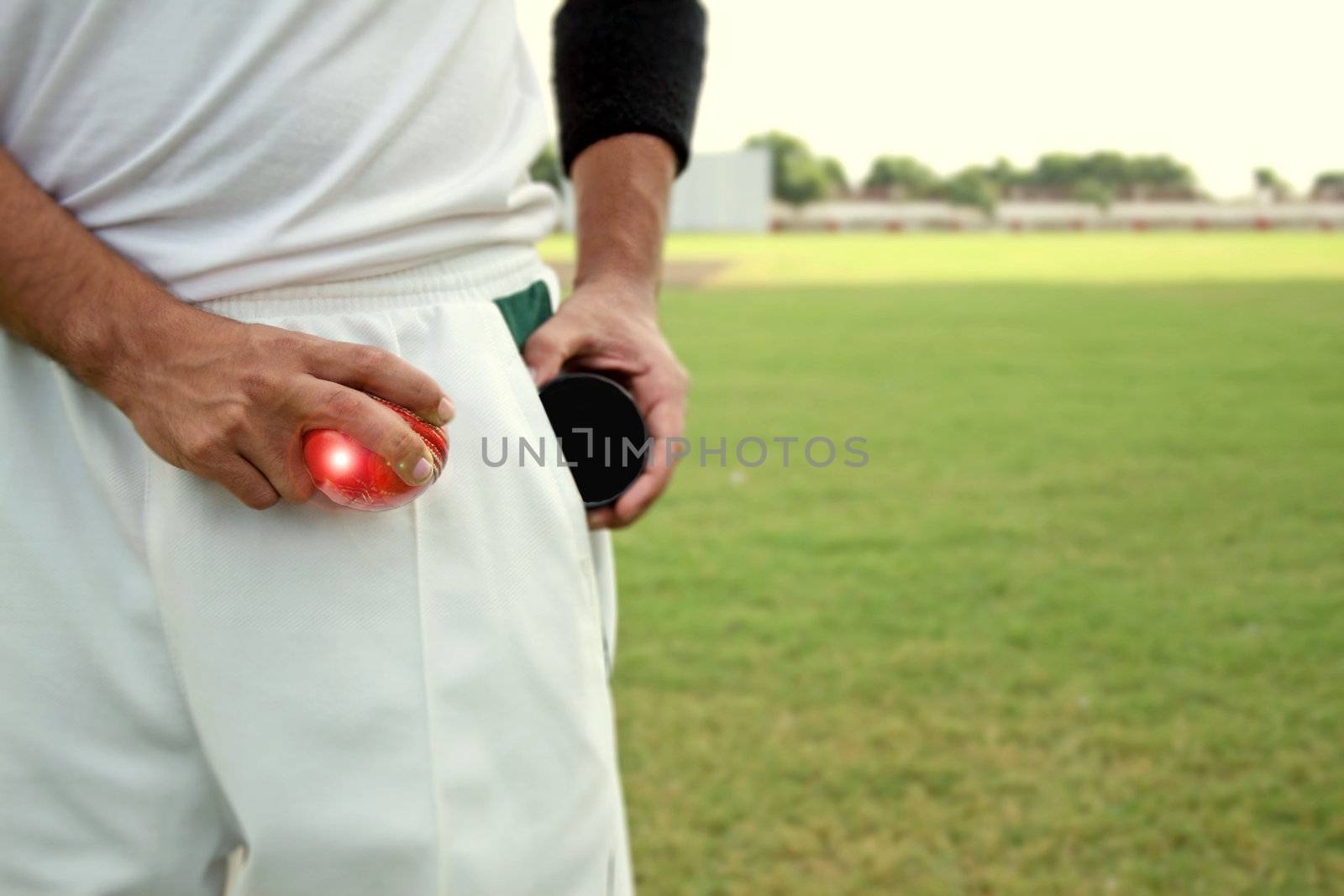 Cricketer shining ball with shoe polish