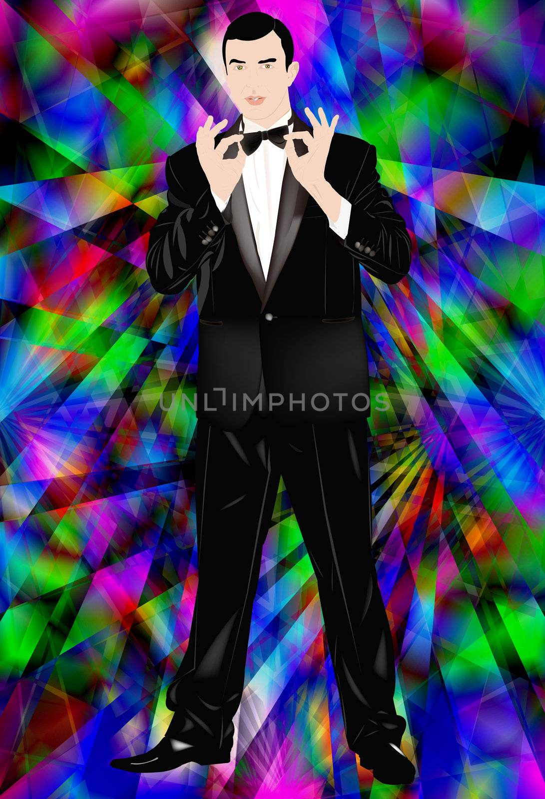  The romantic celebratory man in a classical tuxedo on an abstract background