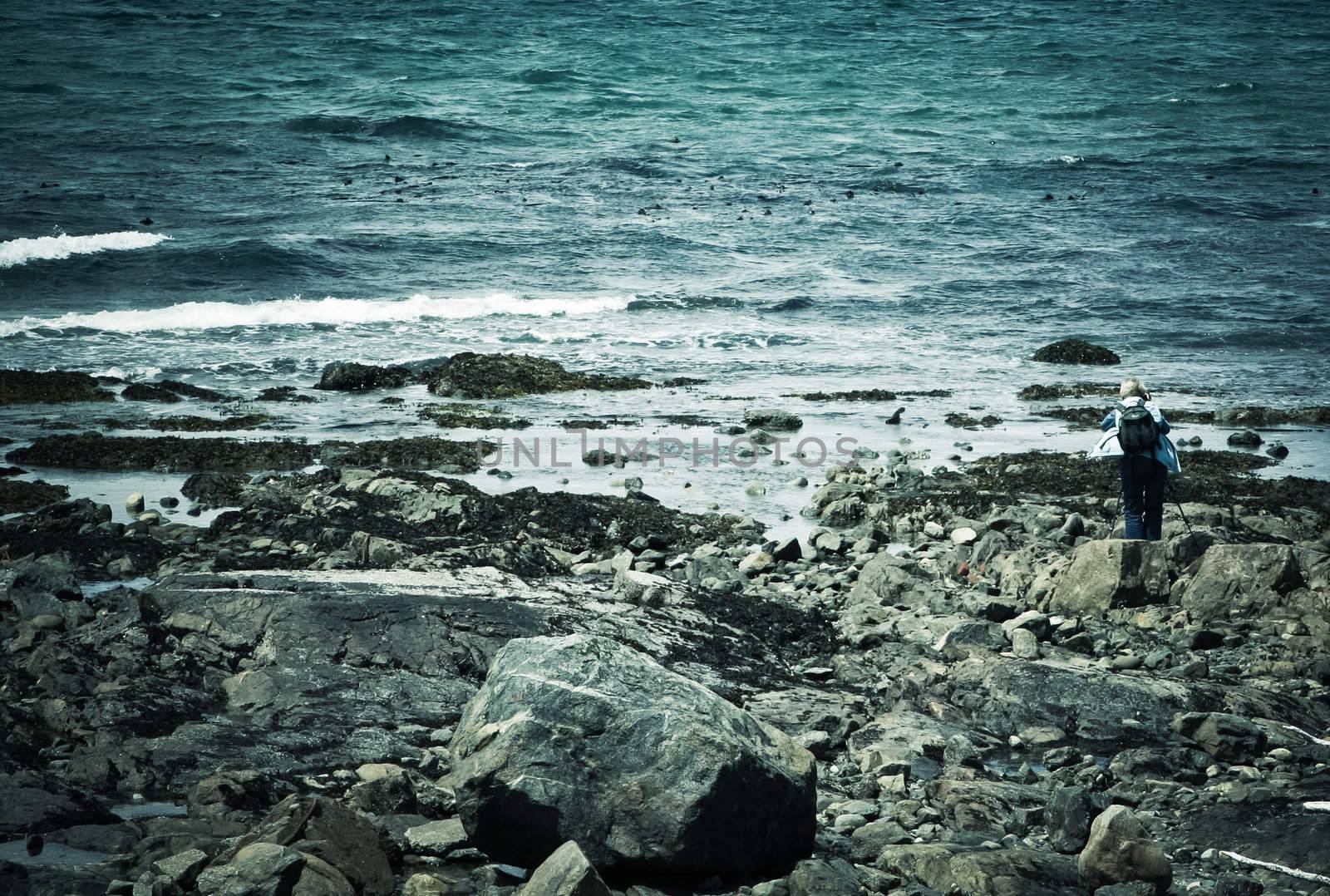 a lady is taking  photos of sea shore