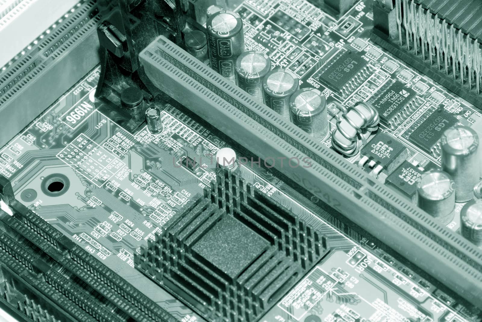 Motherboard, processor and other electronic computer components close up