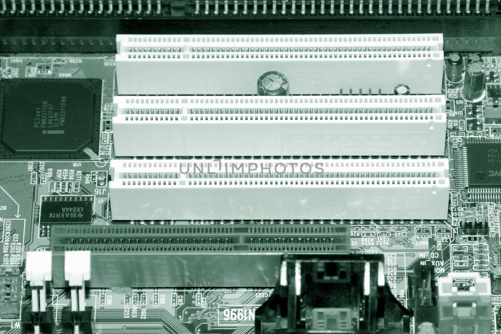Motherboard, processor and other electronic computer components close up