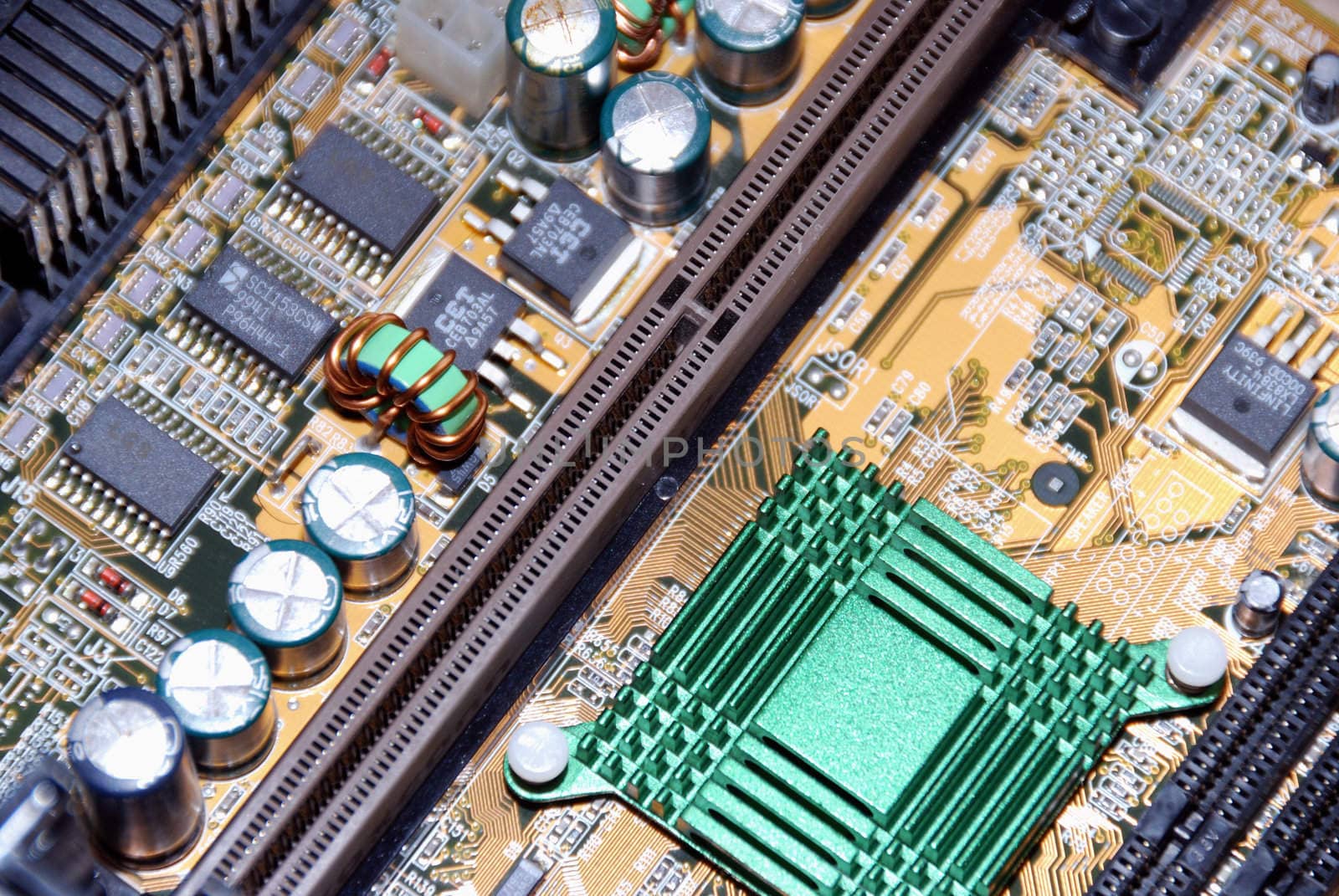 Motherboard, processor and other electronic computer components close up