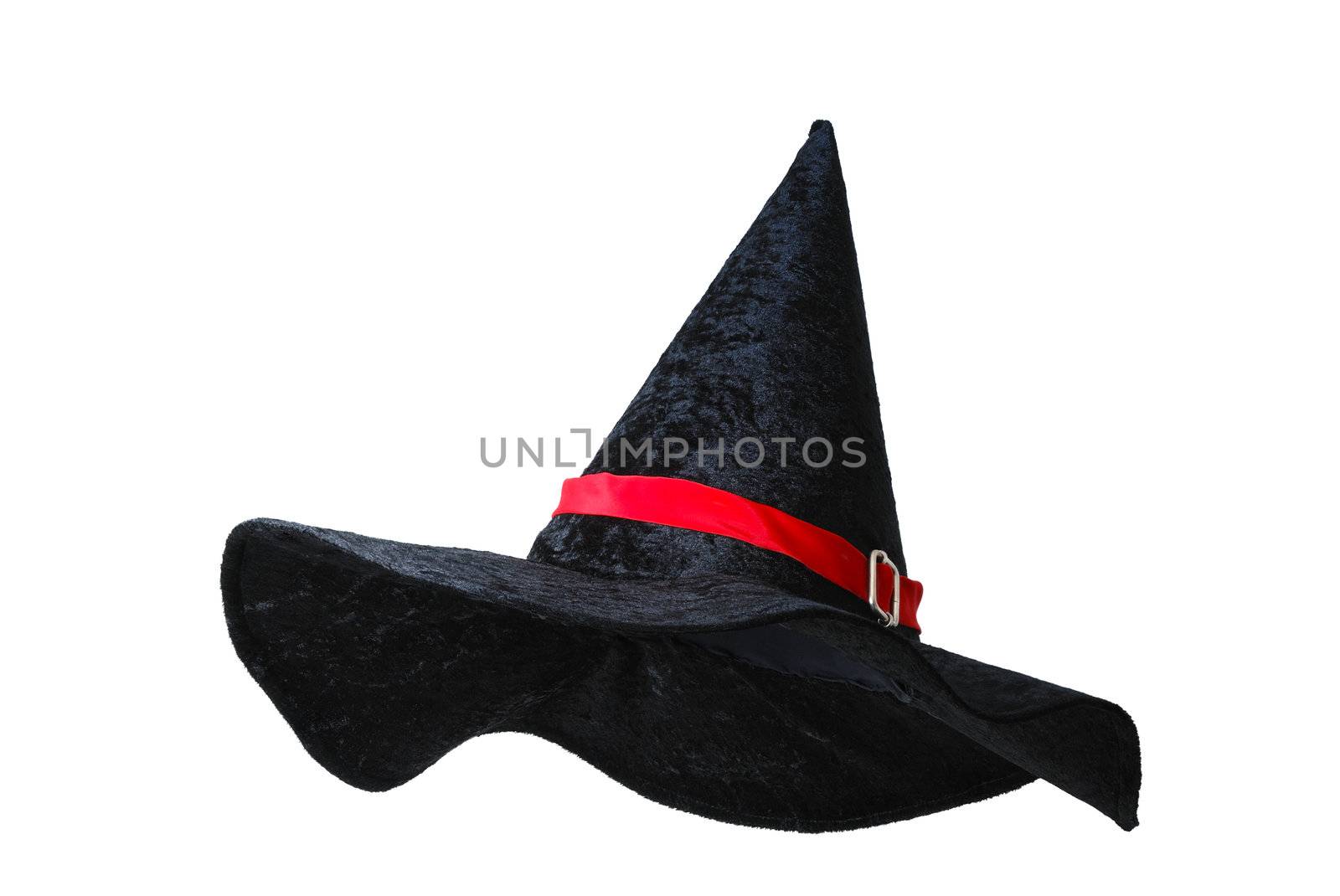 Black witch hat with red strip isolated on white background