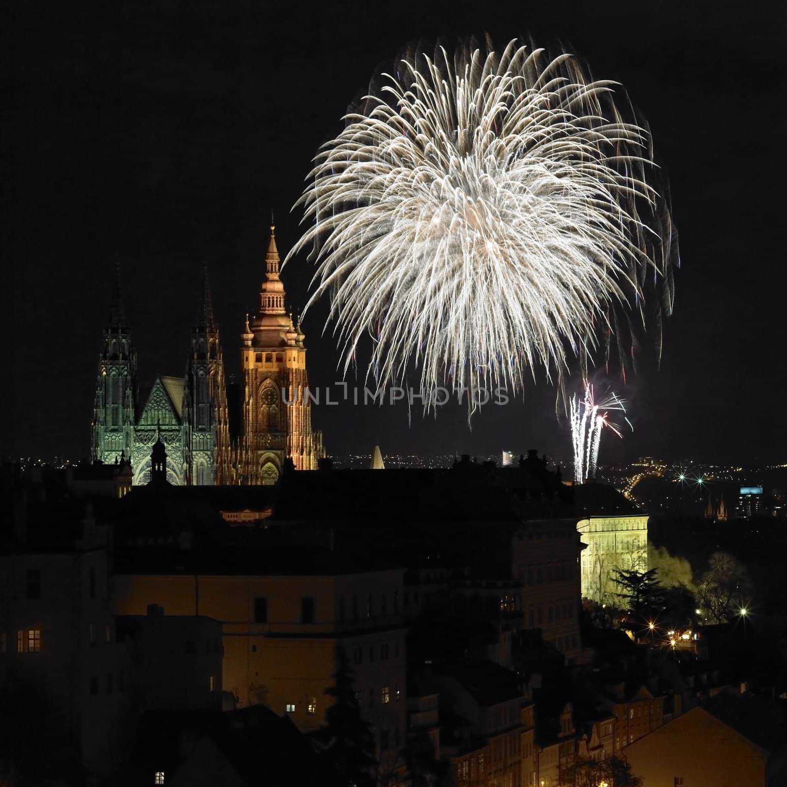 New Year's fireworks, Hradcany, Prague, Czech Republic