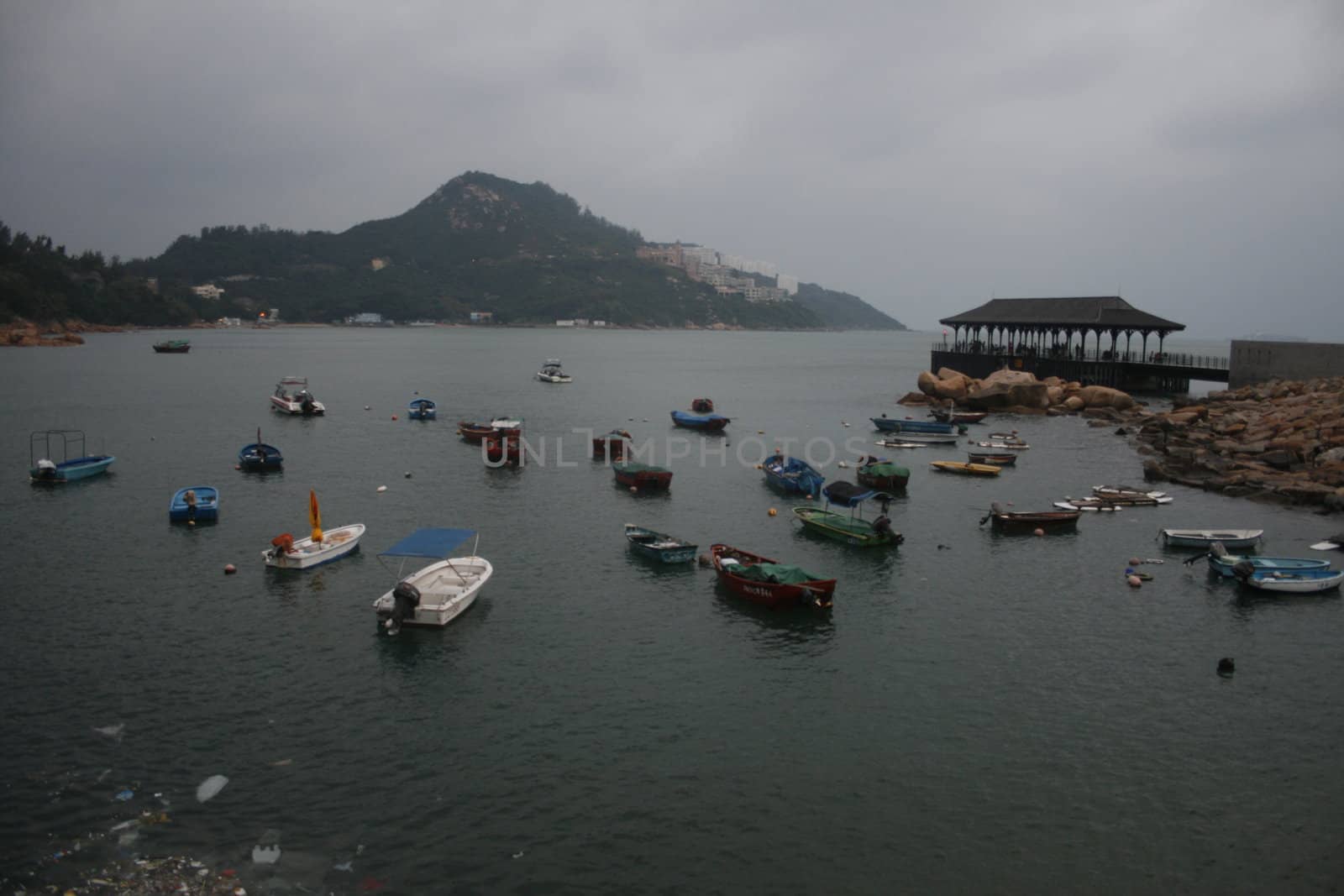 small boats in the harbor of Hong Kong