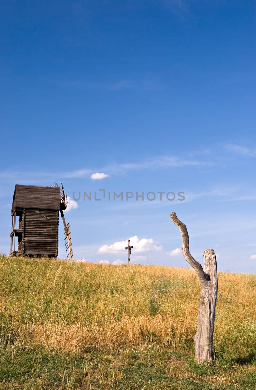 Old wooden windmills at Pirogovo ethnographic museum, near Kyiv, Ukraine