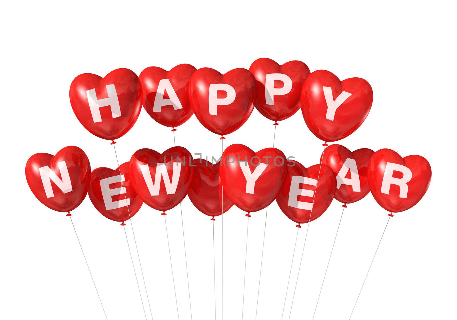 red Happy new year heart shaped balloons isolated on white