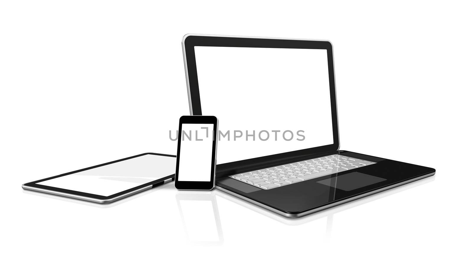 3D laptop, mobile phone and digital tablet pc computer - isolated on white with clipping path