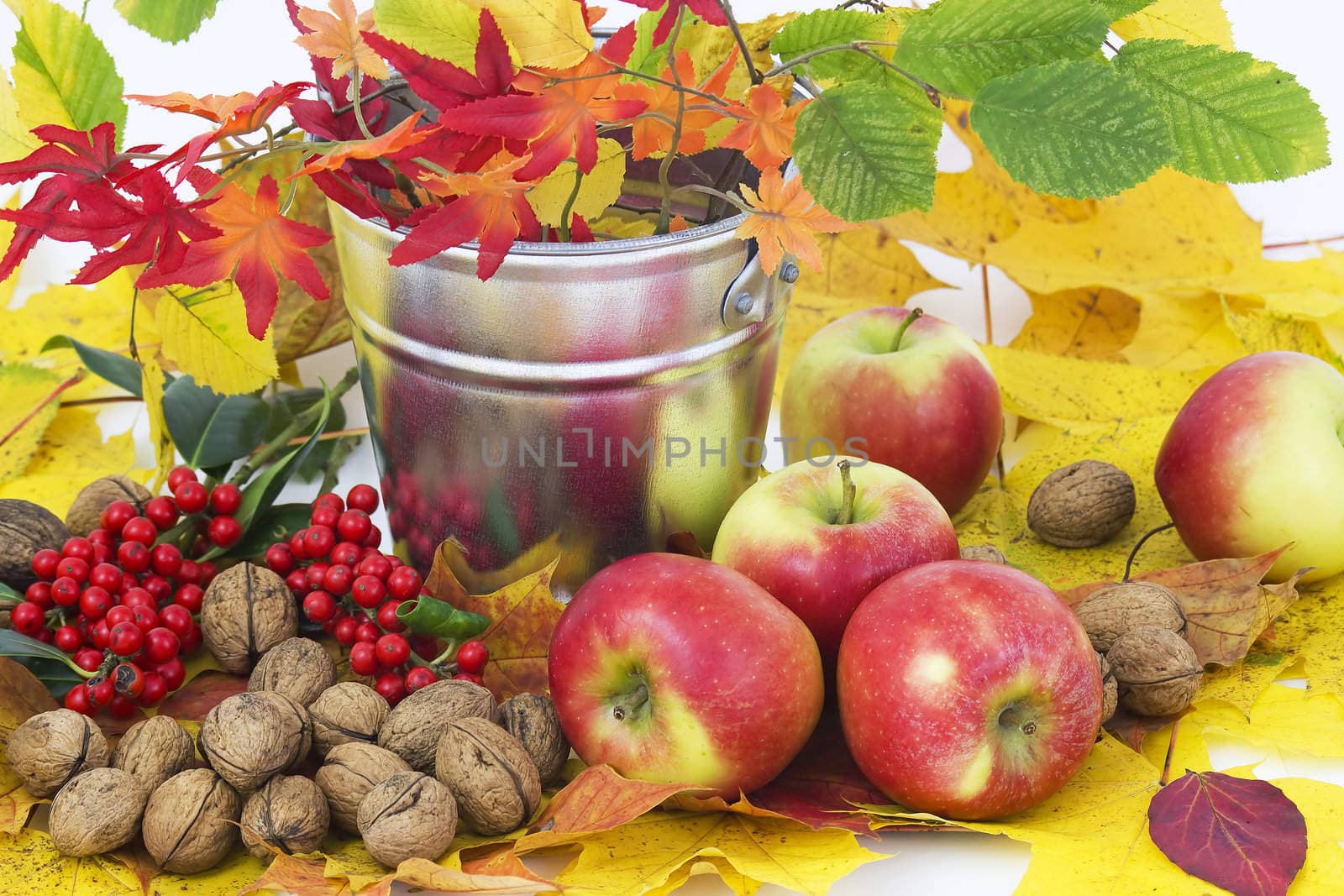 beautiful arrangement of autumn leaves and red apples and walnuts
