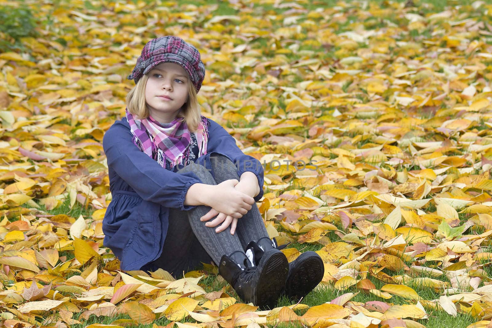 little girl sitting on leaves in the park by miradrozdowski