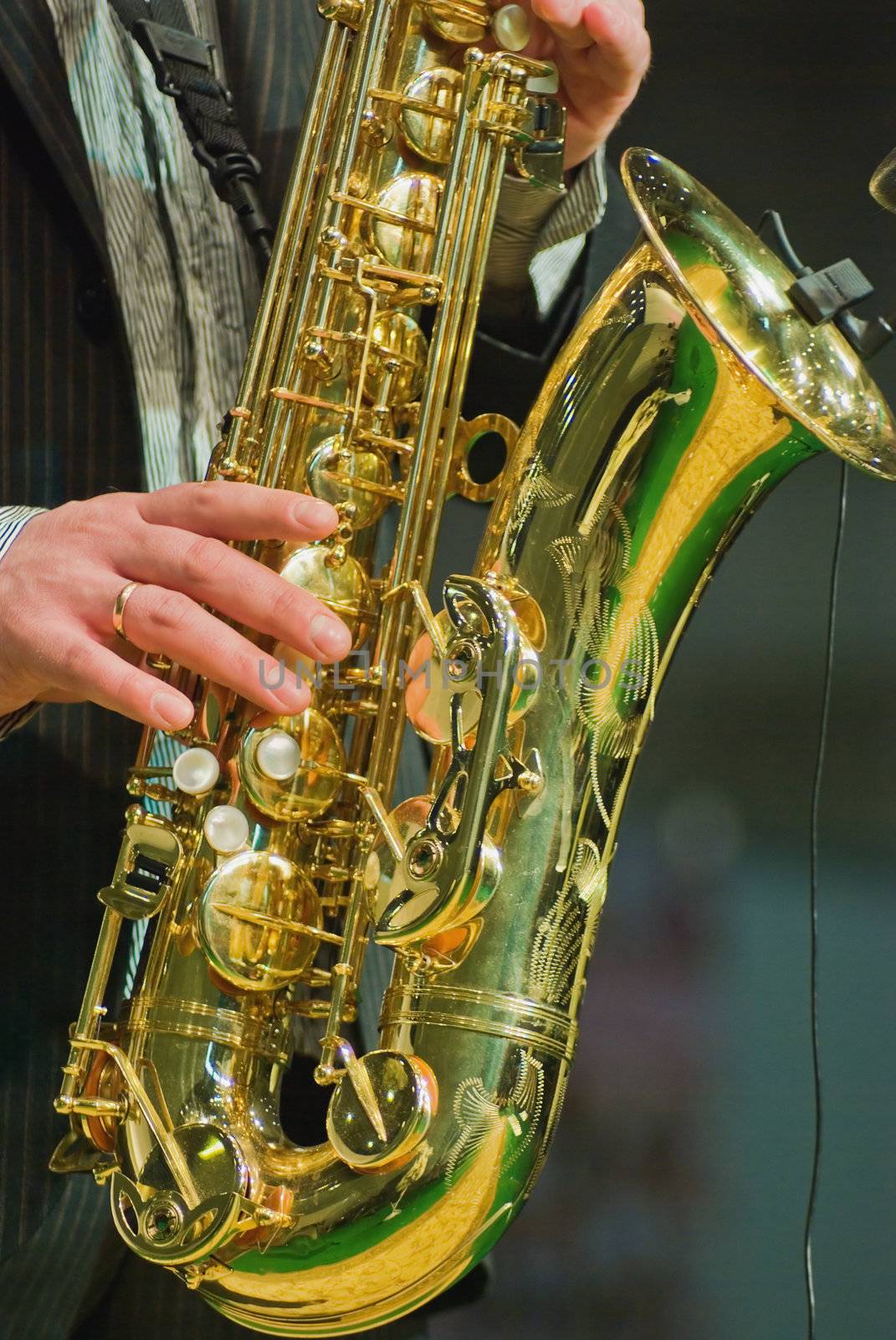 saxophonist playing in live concert