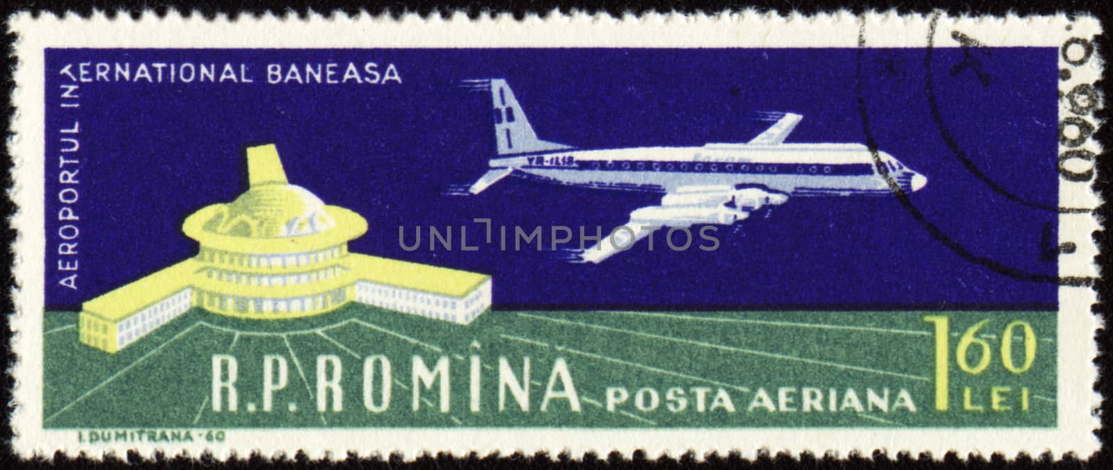 Airport of Bucharest and large plane on post stamp by wander