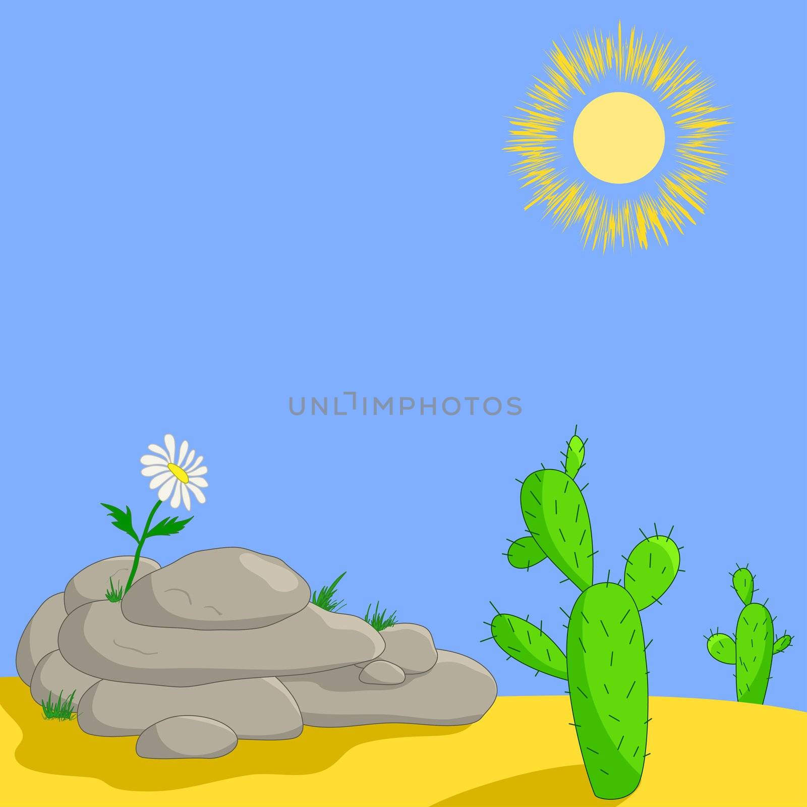 Lonely flower on stones in desert and cactuses