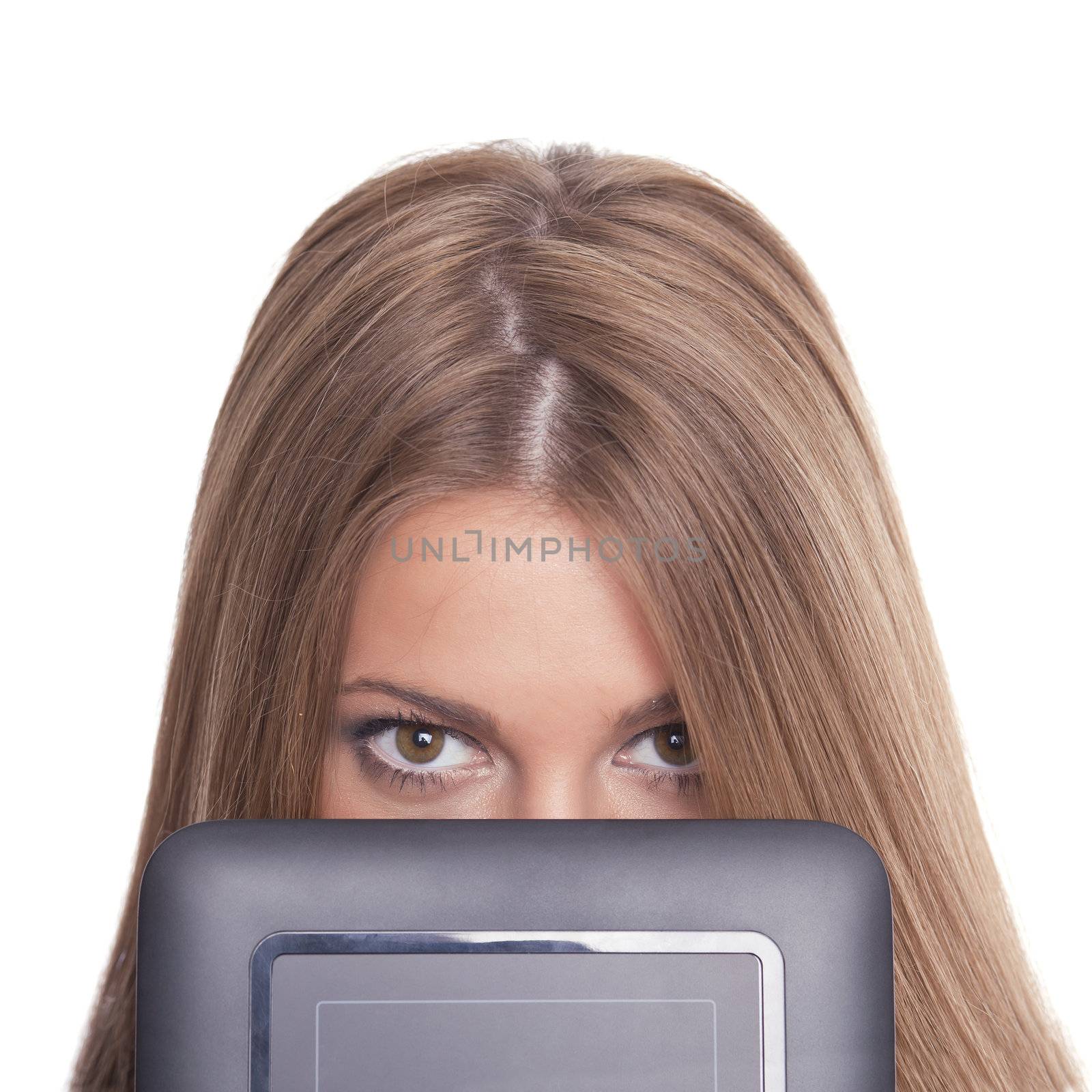 Beautiful Woman Hiding Face With Tablet Computer by adamr