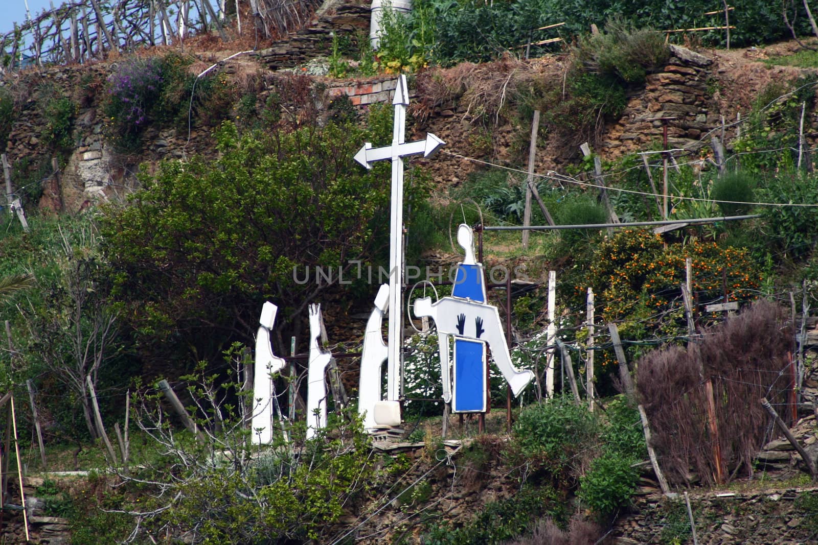 Via Crucis representation on the hill in Manarola, Cinqueterre, Italy.