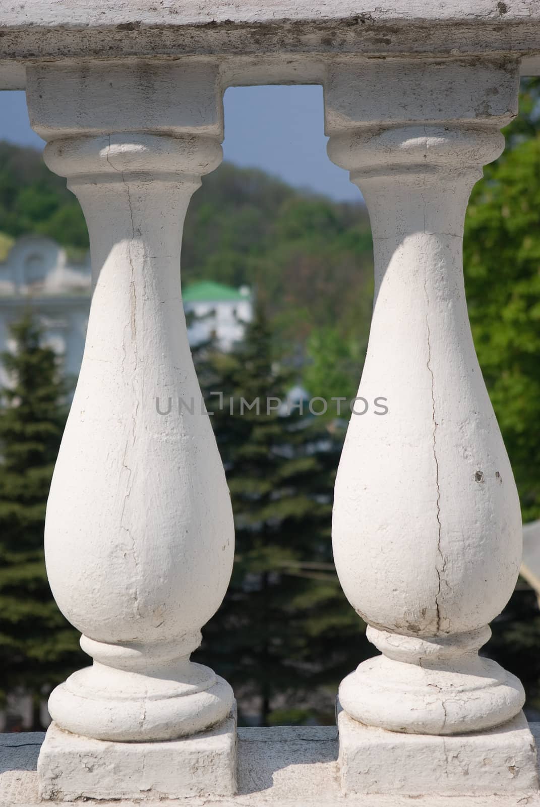 Closeup of stone balustrade in white