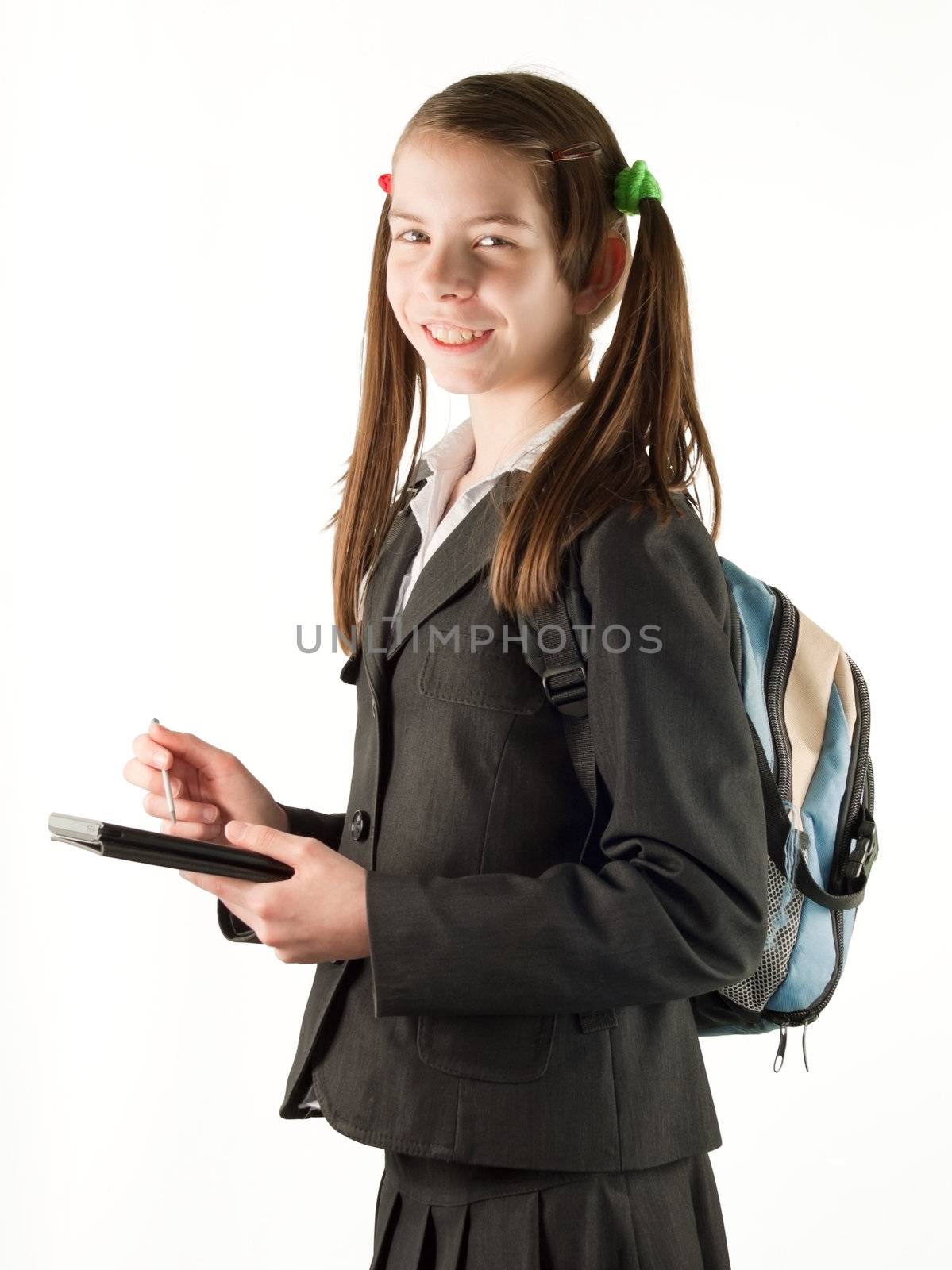 Teen girl with electronic book reader isolated on white by AndreyKr