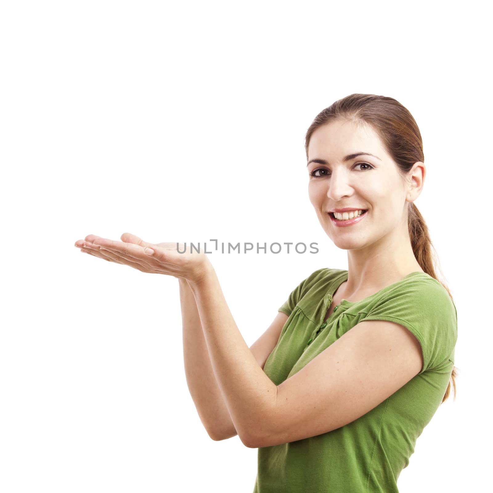 Woman showing her empty hands, isolated on white background