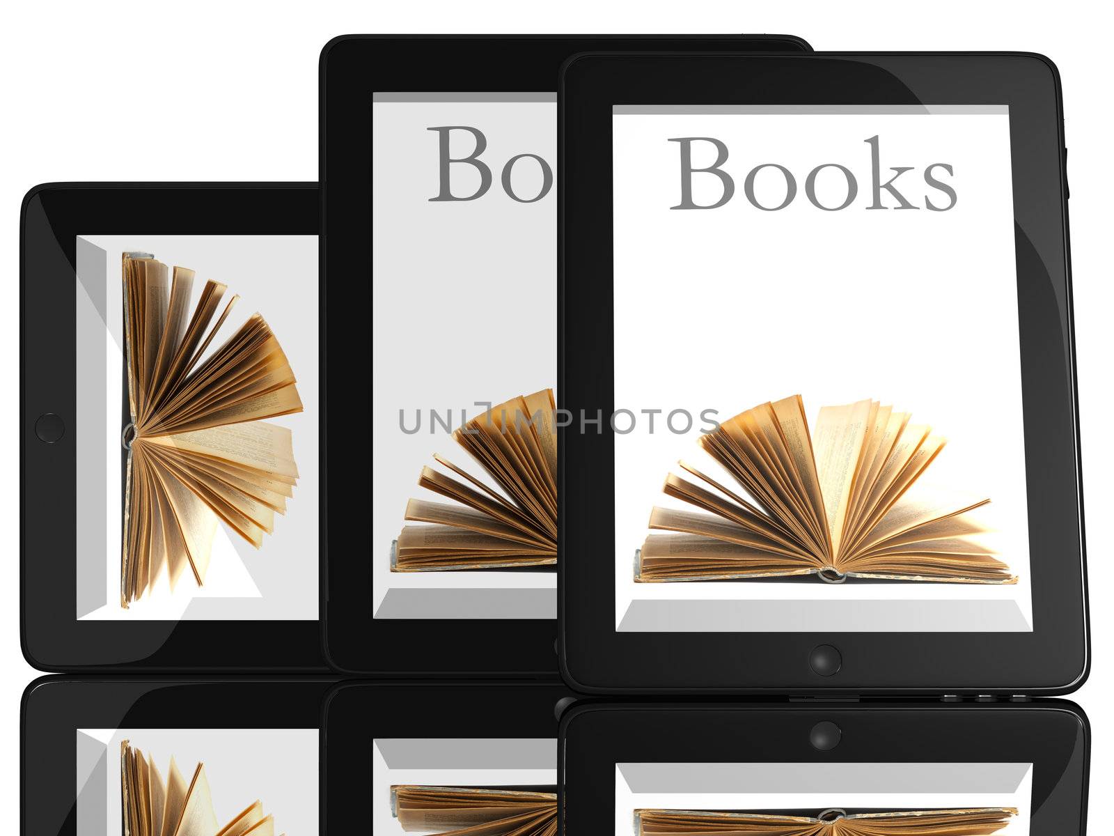 Group of Books and teblet computer 3D model isolated on white, digital library concept