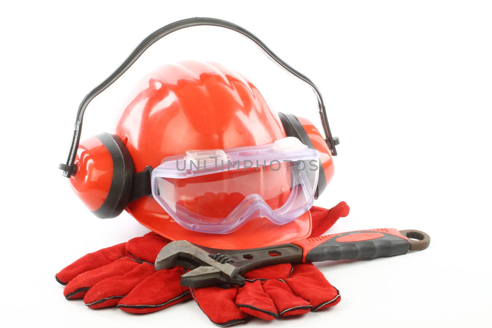 Safety gear kit close up over white 