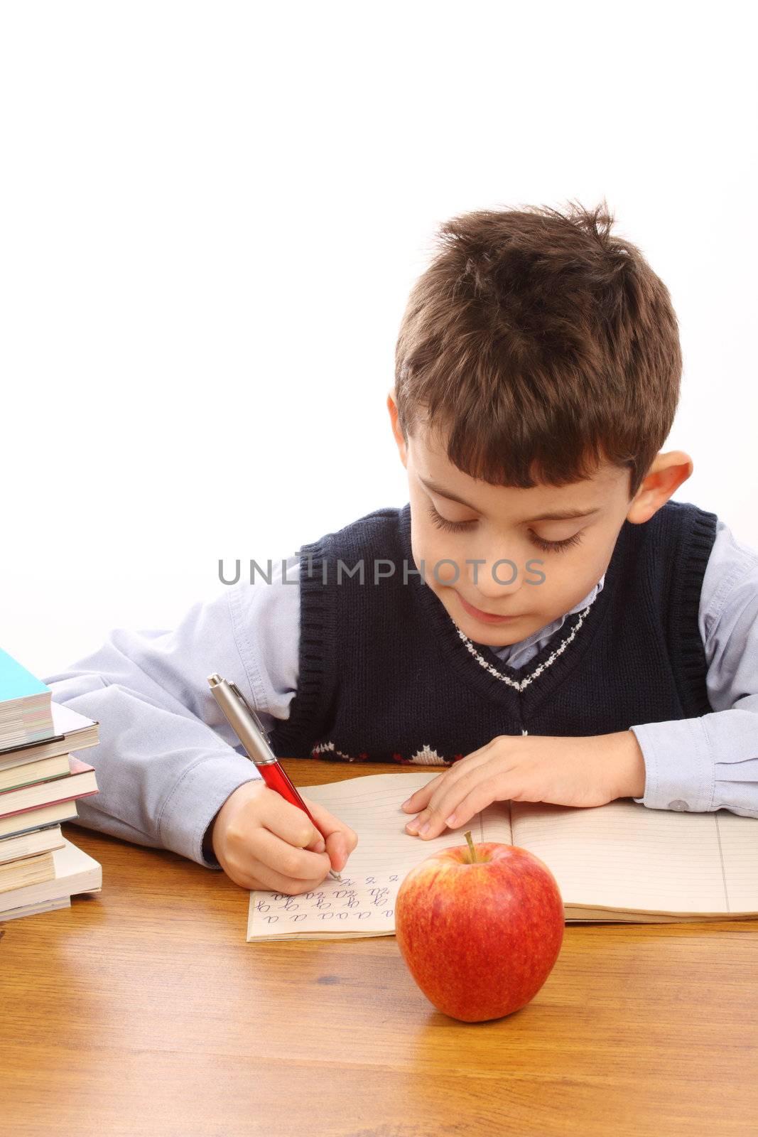 A young schoolboy write his homework