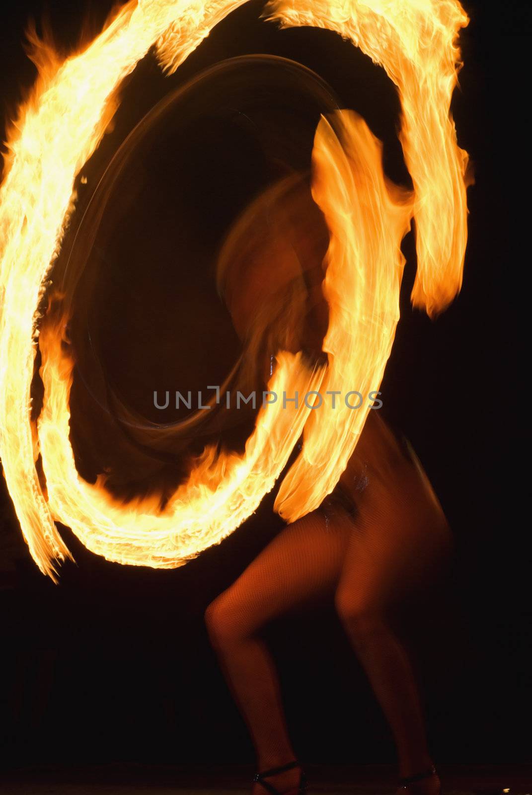 Fire show, woman in action with fire.Defocused