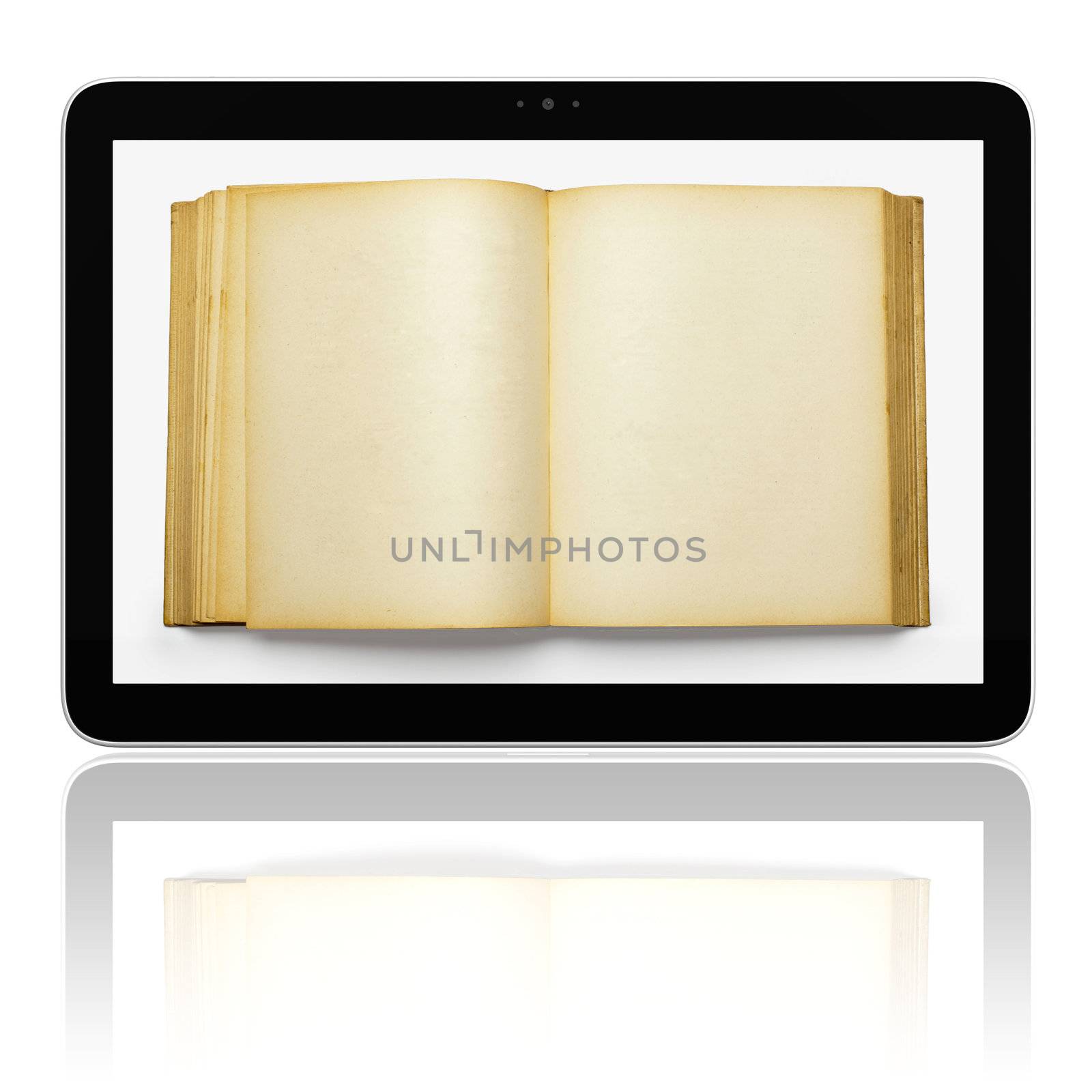 Book and generic teblet computer 3D model isolated on white, E-book E-reader concept