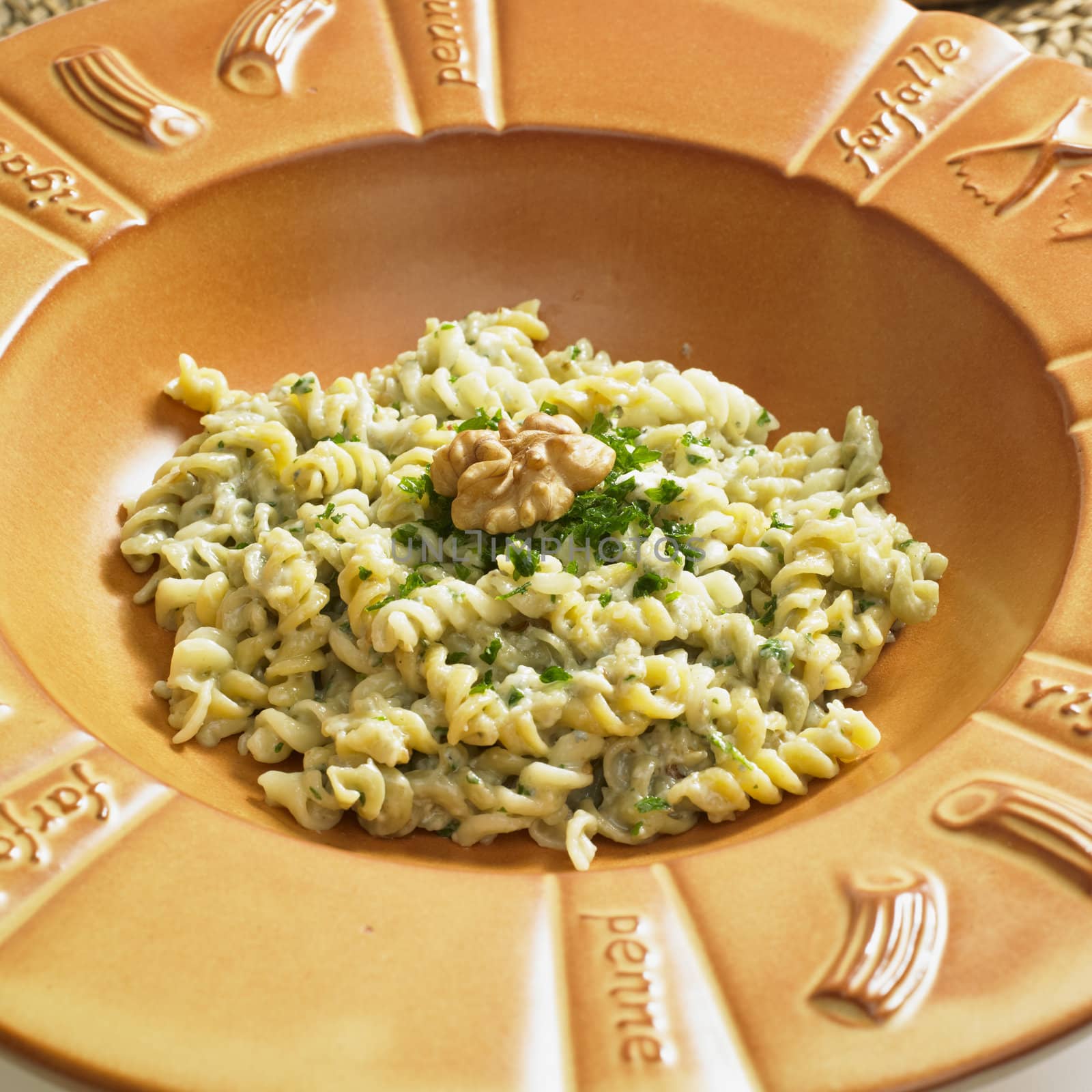 fusilli with sauce from blue cheese and walnuts