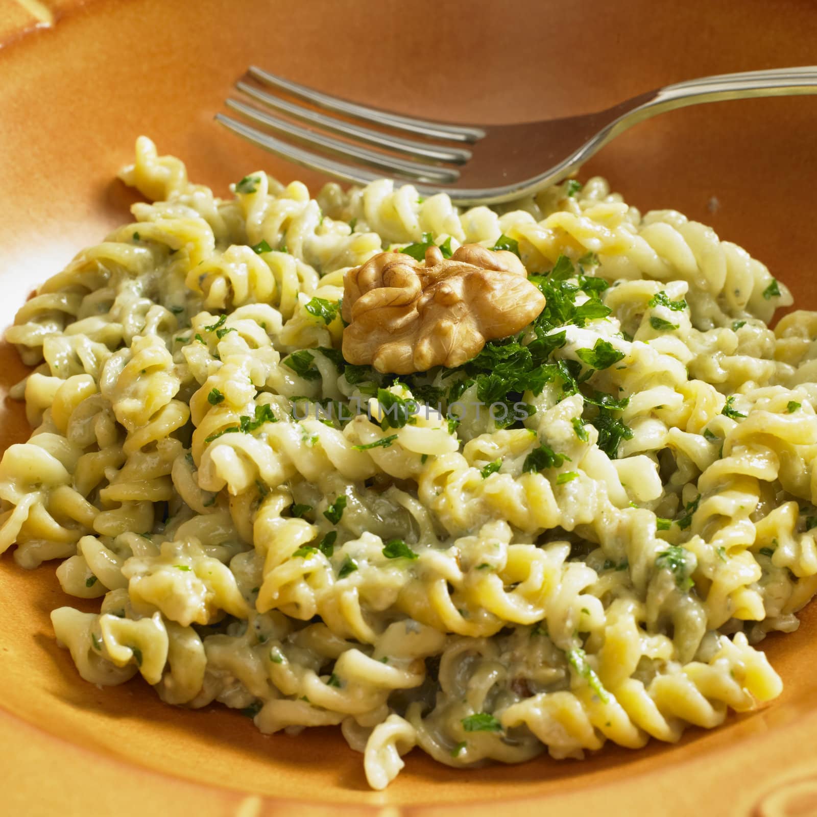 fusilli with sauce from blue cheese and walnuts