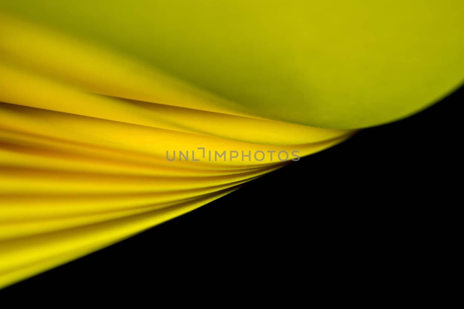 Twisted yellow A4 paper illuminated by lights with black background