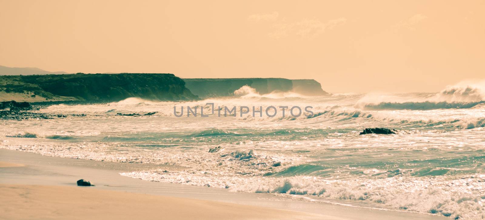 Rough coastline near famous surfing spot in Cotillo at Fuerteventura, Canary  islands.