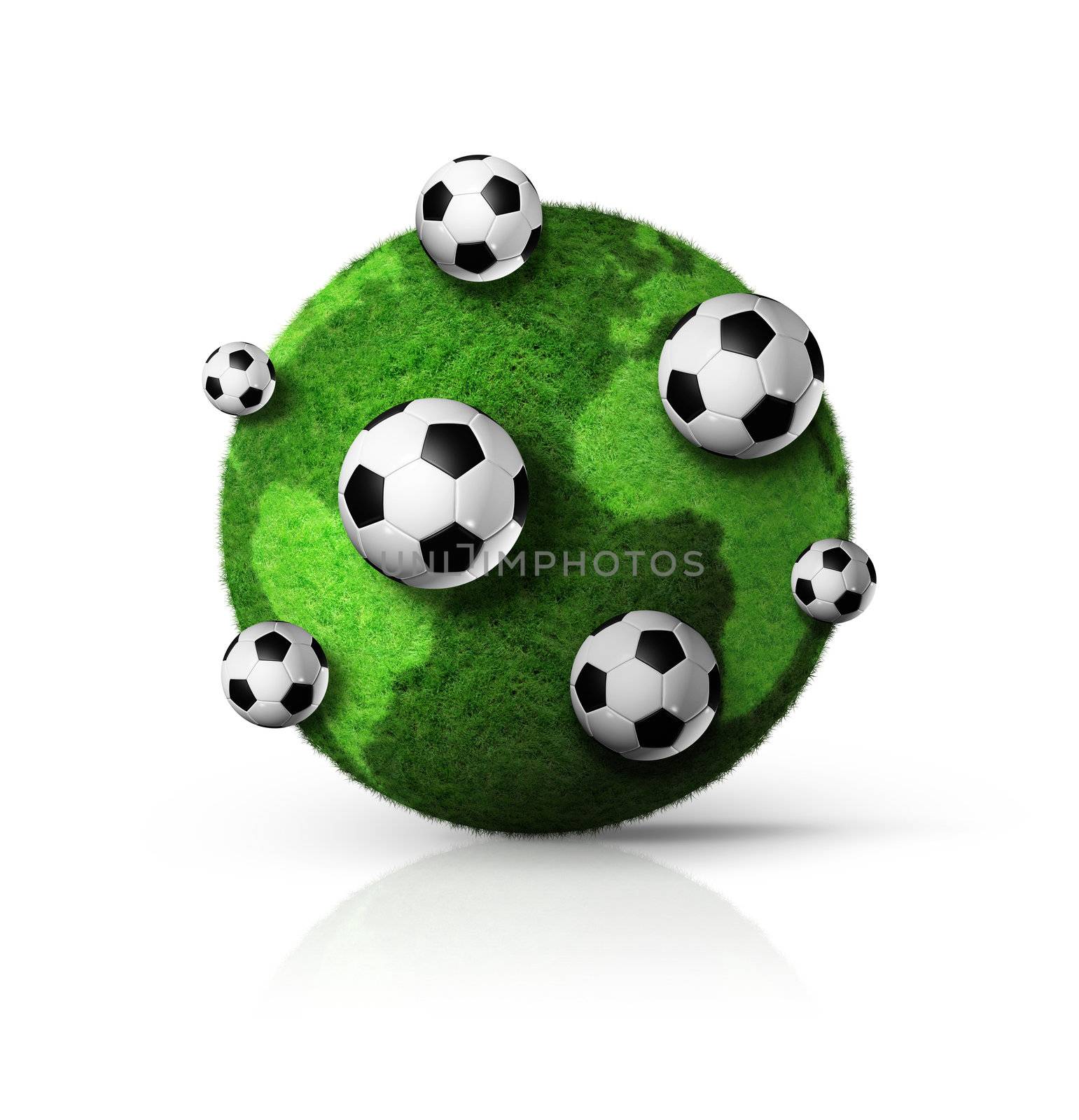 3D green grass world globe with soccer balls