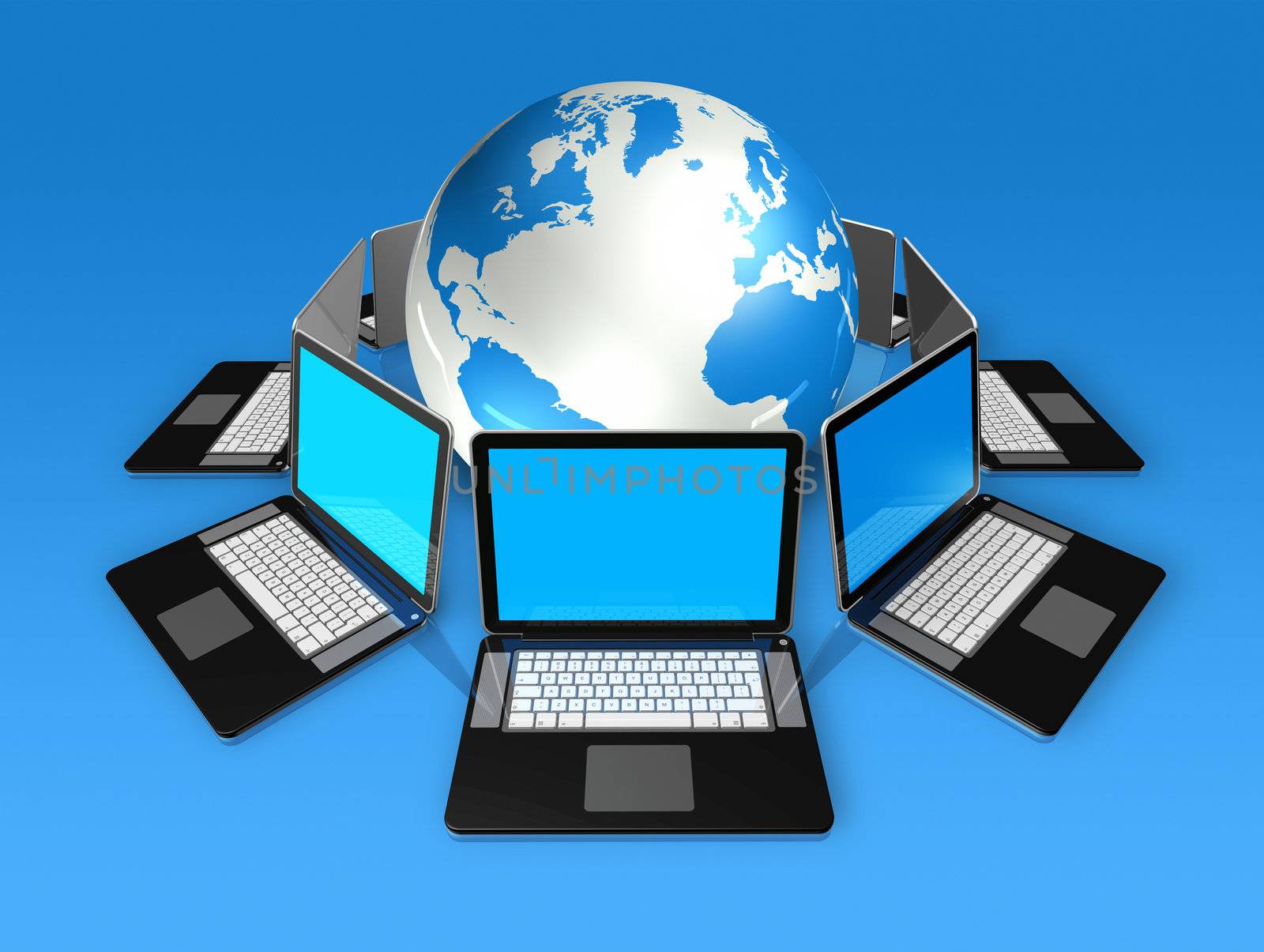 3D laptop computers around a world globe isolated on blue