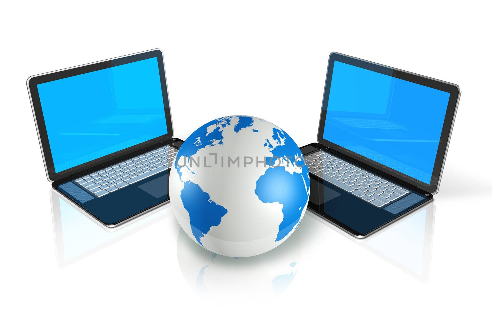 two 3D laptop computers around a world globe isolated on white