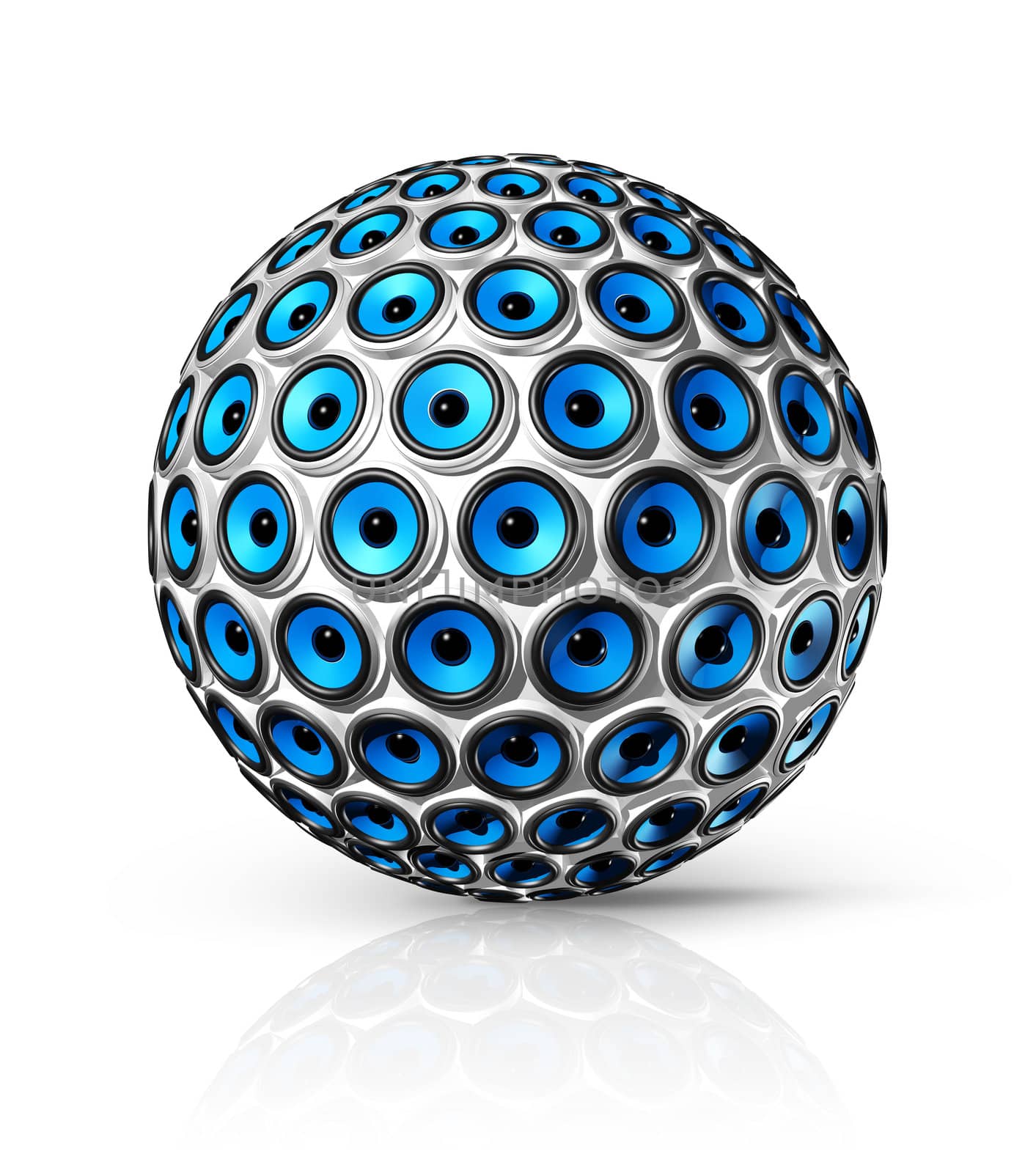 three dimensional blue speakers sphere isolated on white