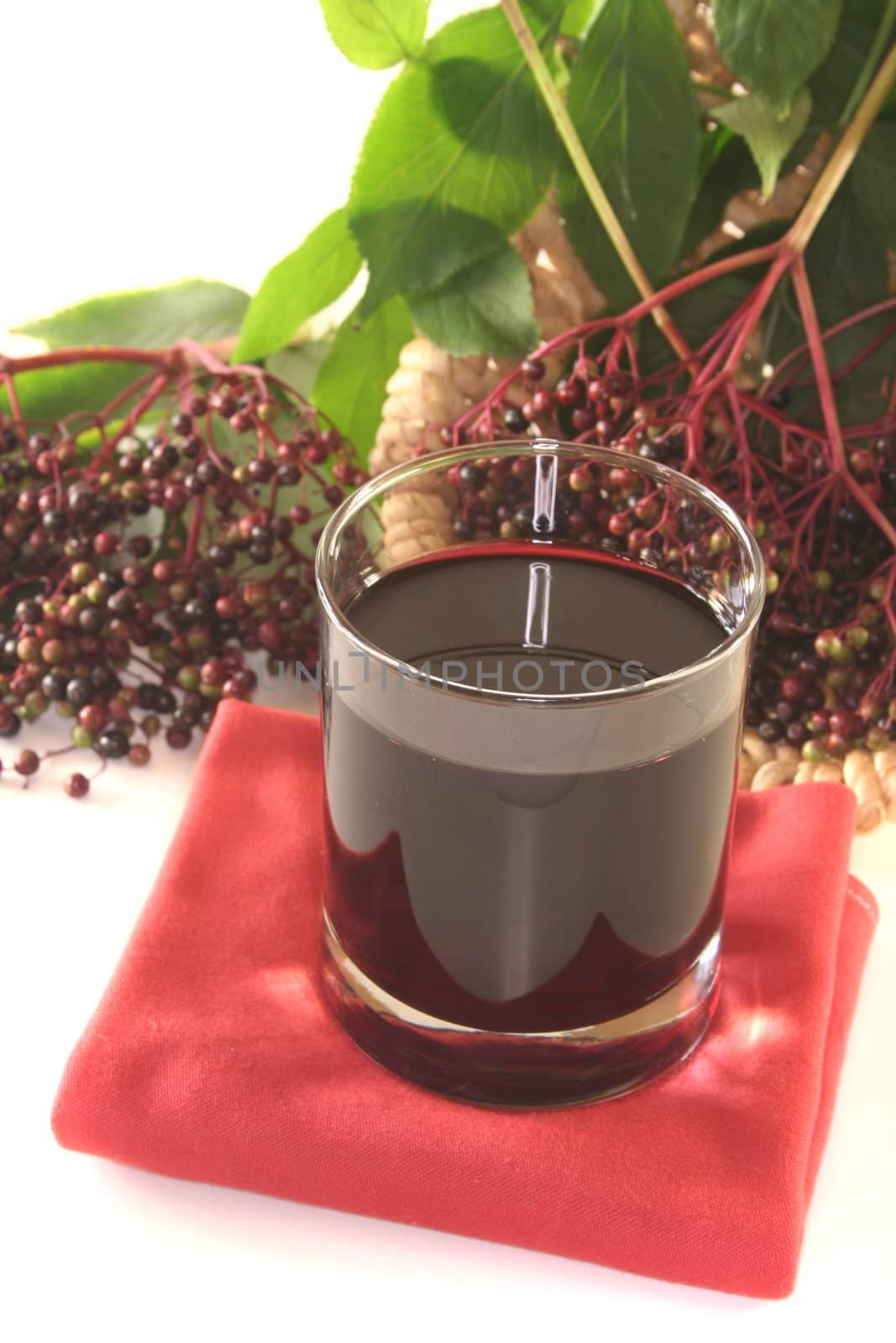 Elderberry juice with elder berries on a branch with leaves