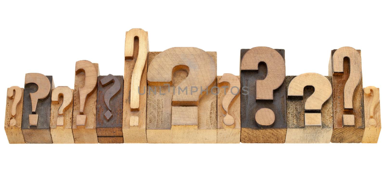 decision making concept - a row of question marks - vintage wood letterpress printing blocks