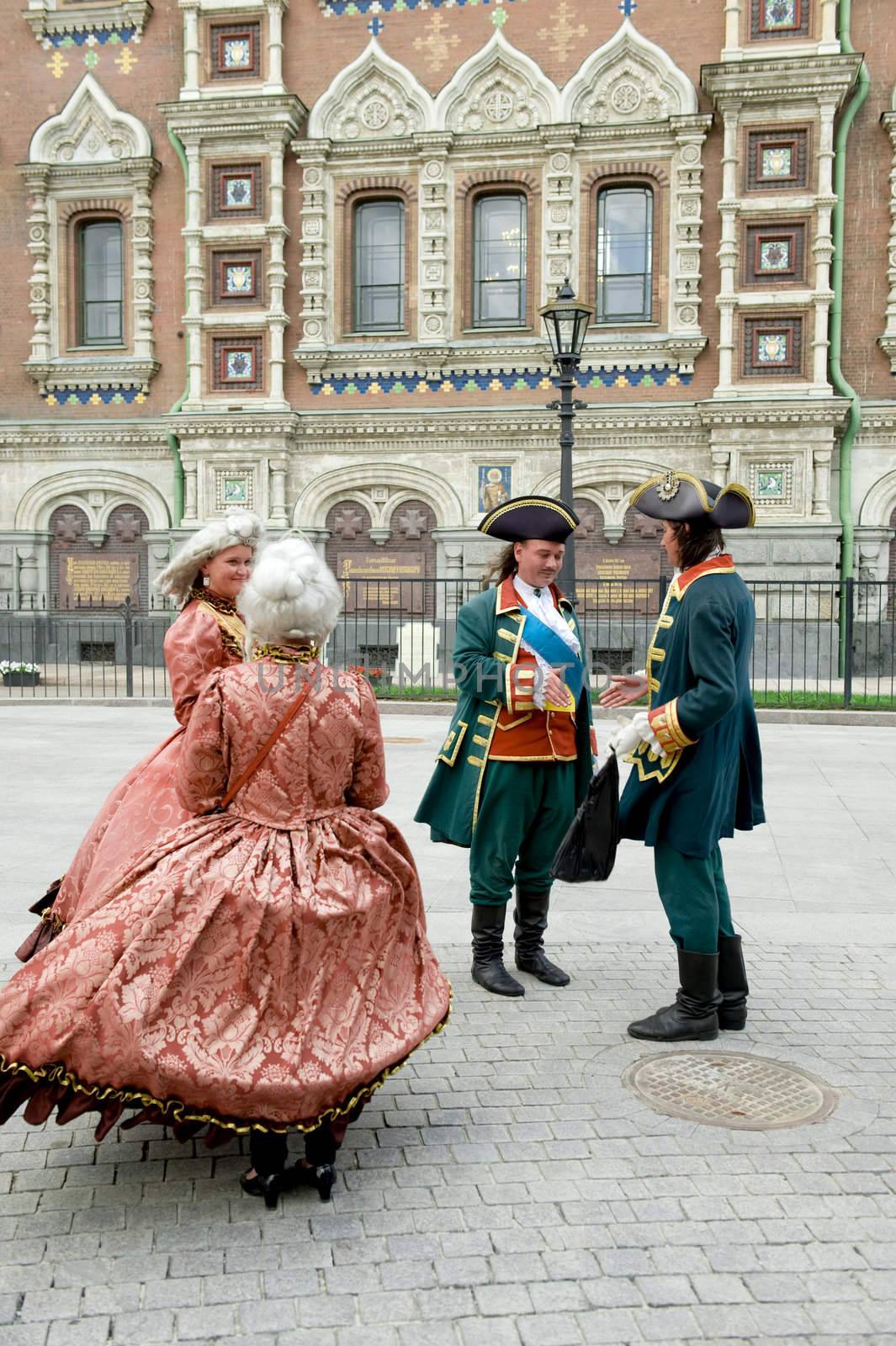 Actors in Russian  imperial suits for attraction of tourists, St Petersburg, Russia
