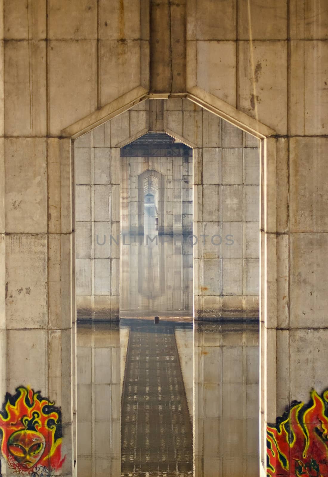 long tonel under the bridge reflected in water